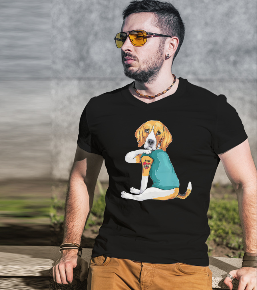 Father's Day Beagle I Love Dad Tattoo Dog Wearing T-Shirt