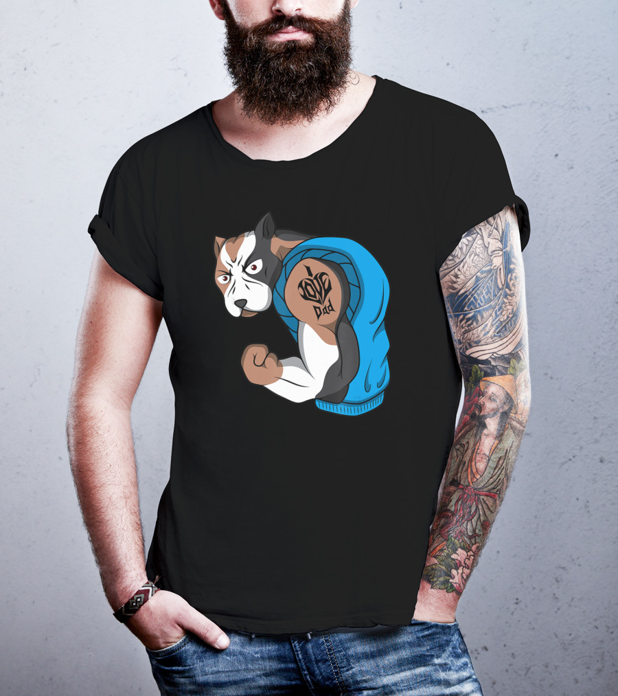 Funny Pit Bull Dog I Love Dad Tattoo Flexing Arm T-Shirt