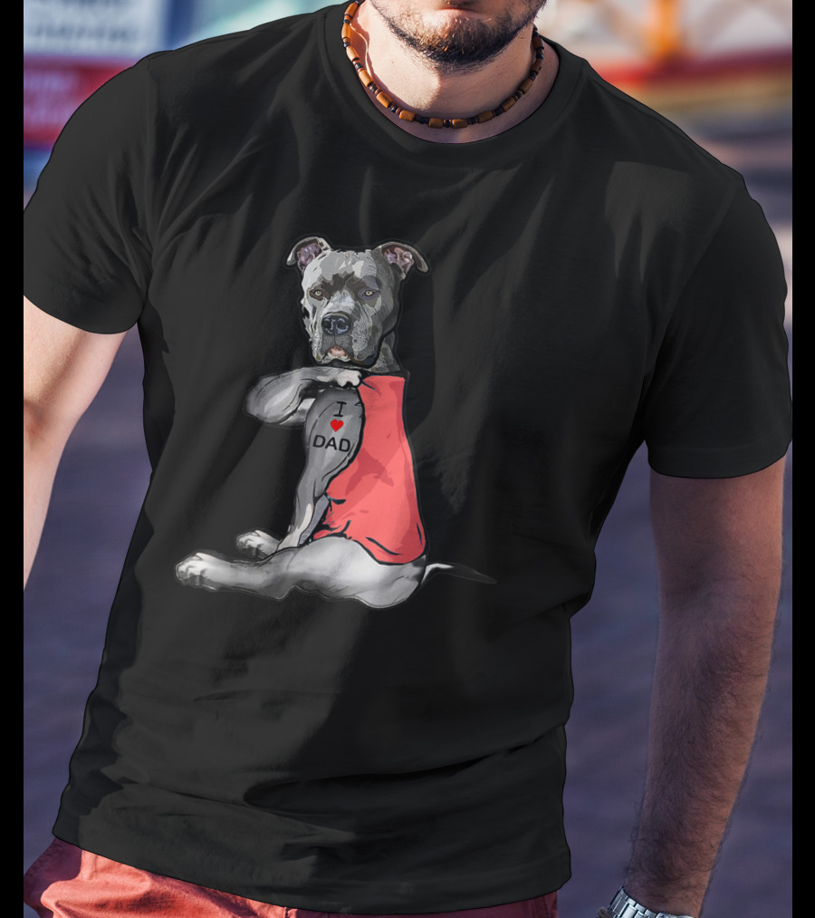 Pitbull Tattoo I Love Dad Red T-Shirt