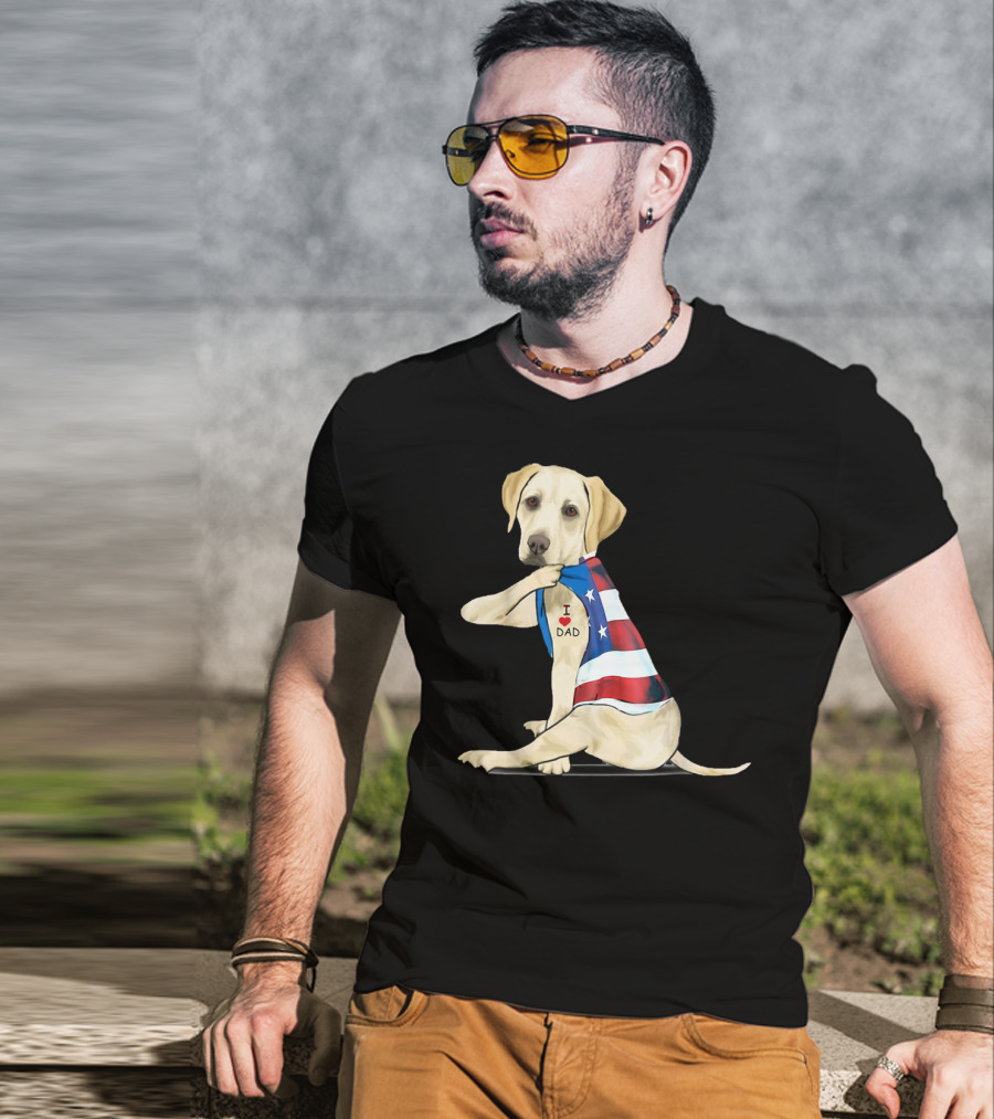 Labrador Retriever I Love Dad American Flag Dog Tattoo T-Shirt