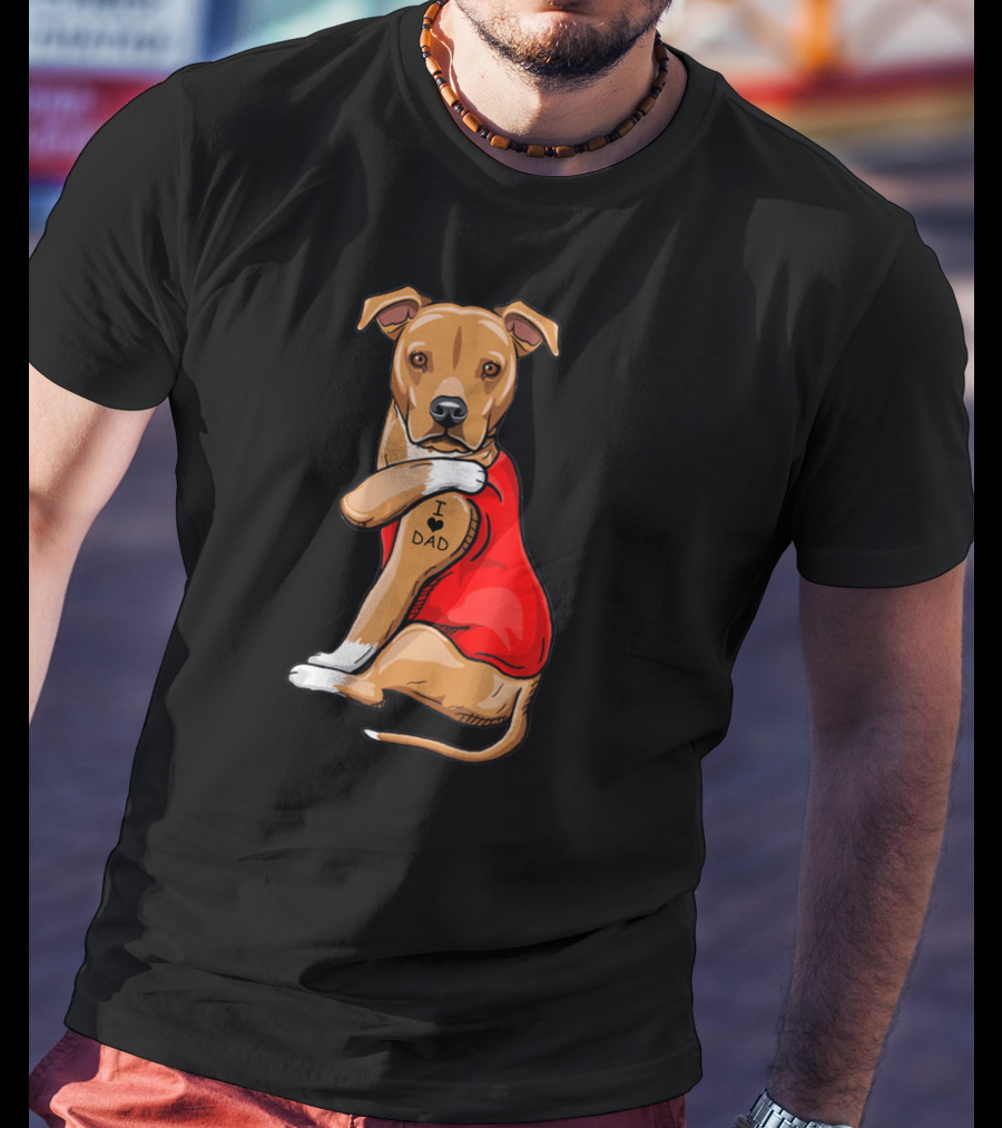Staffordshire Terrier I Love Dad Tattoo Dog In Red T-Shirt