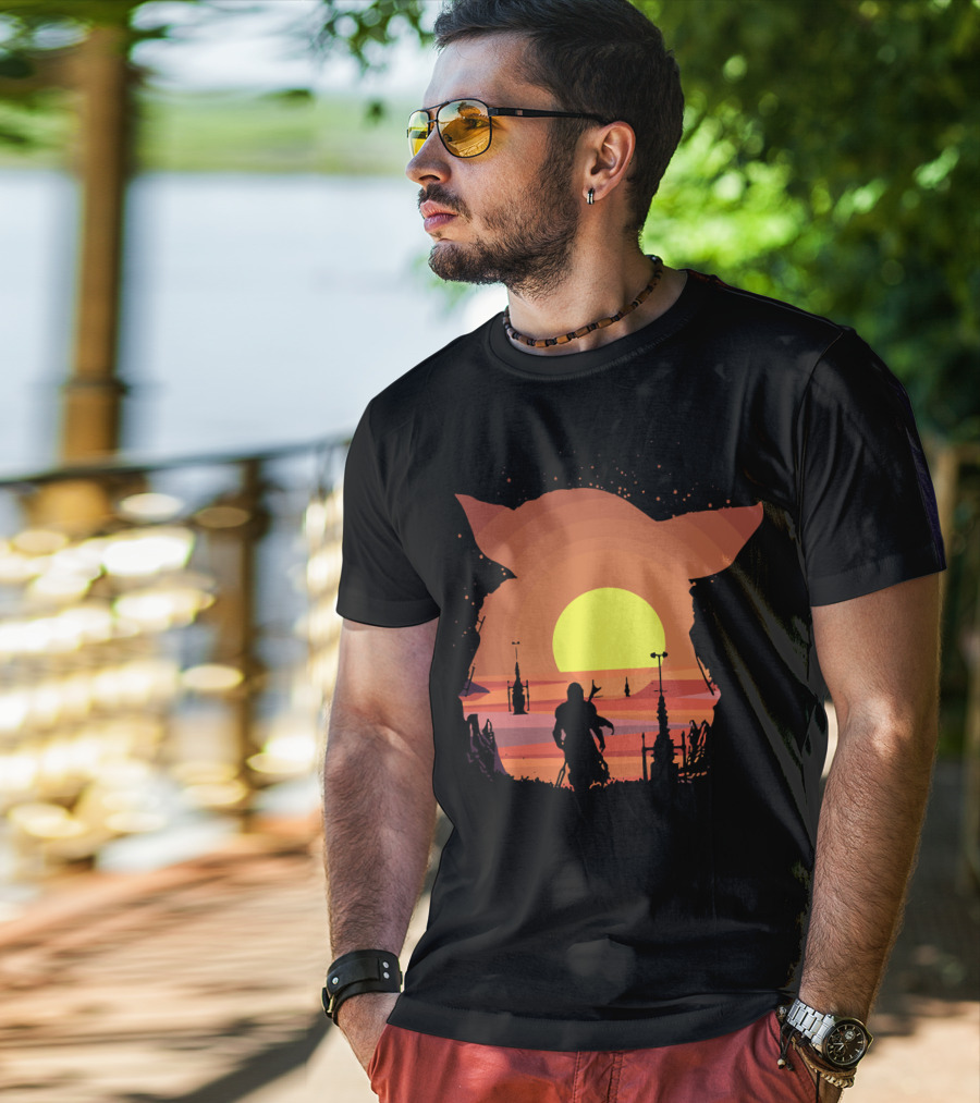 On My Way Silhouette In Baby Yoda Sunset T-Shirt