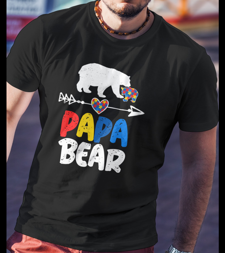 Papa Bear Autism Awareness Puzzle Arrow Heart T-Shirt
