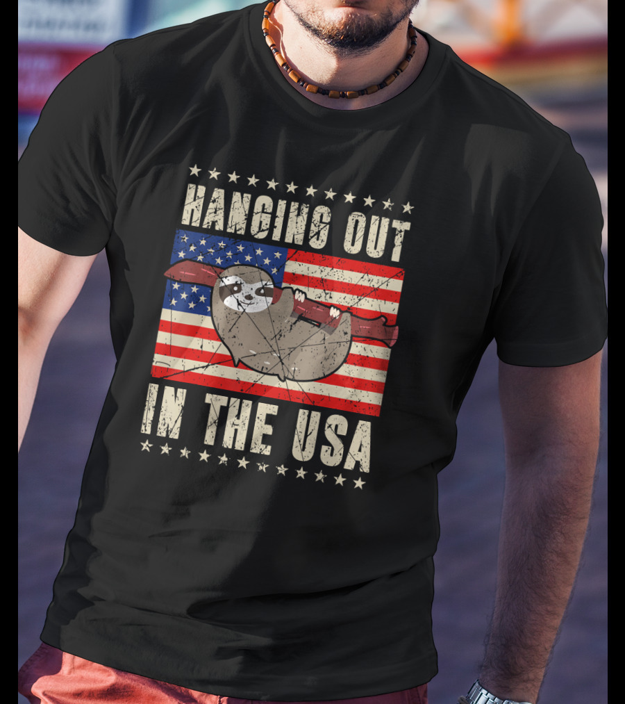Sloth Hanging Out In The USA America Flag T-Shirt