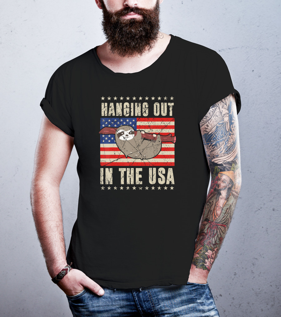 Sloth Hanging Out In The USA America Flag T-Shirt
