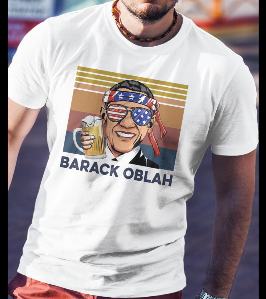 Barack Obama Oblah Drink Vintage USA Flag Headband And Stars Stripes Shades With Beer Mug T-Shirt
