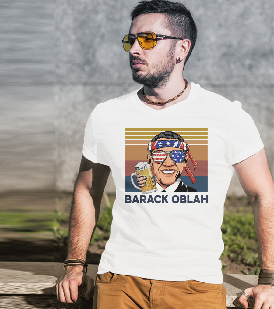 Barack Obama Oblah Drink Vintage USA Flag Headband And Stars Stripes Shades With Beer Mug T-Shirt
