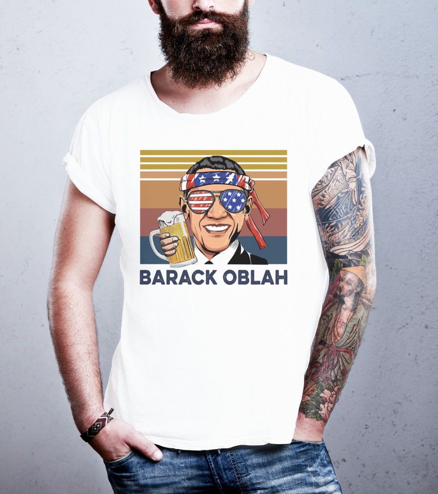 Barack Obama Oblah Drink Vintage USA Flag Headband And Stars Stripes Shades With Beer Mug T-Shirt