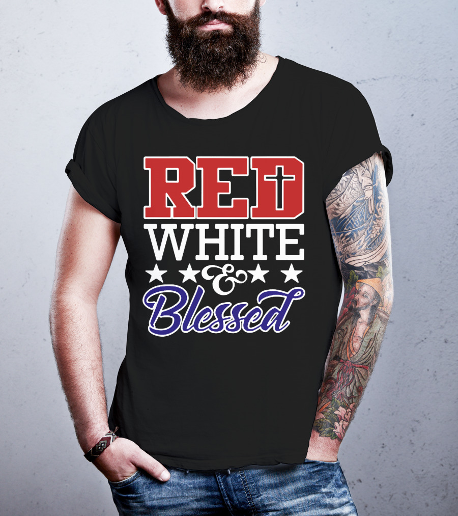 Red White Blessed Patriot Cross Stars T-Shirt