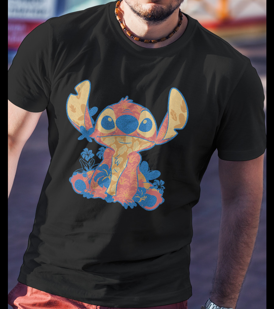 Disney Lilo Stitch Orange Blue Hawaiian Floral T-Shirt