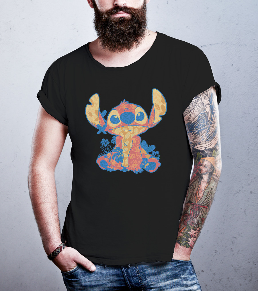 Disney Lilo Stitch Orange Blue Hawaiian Floral T-Shirt