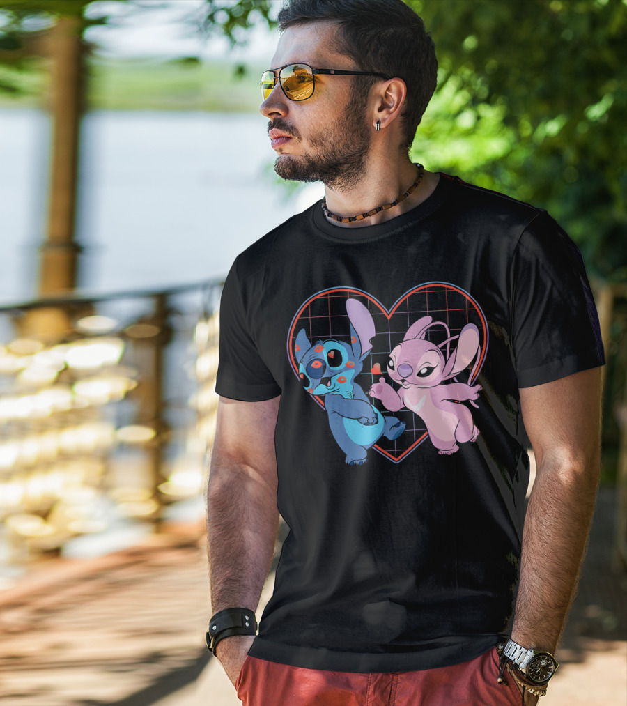 Disney Lilo And Stitch Angel Heart Grid Love T-Shirt