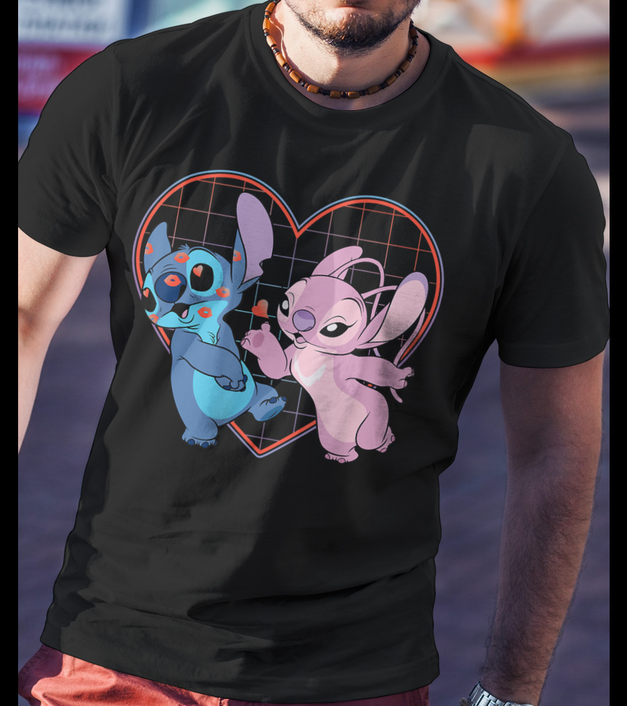 Disney Lilo And Stitch Angel Heart Grid Love T-Shirt