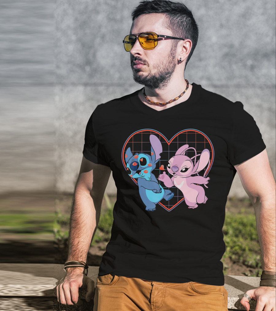 Disney Lilo And Stitch Angel Heart Grid Love T-Shirt