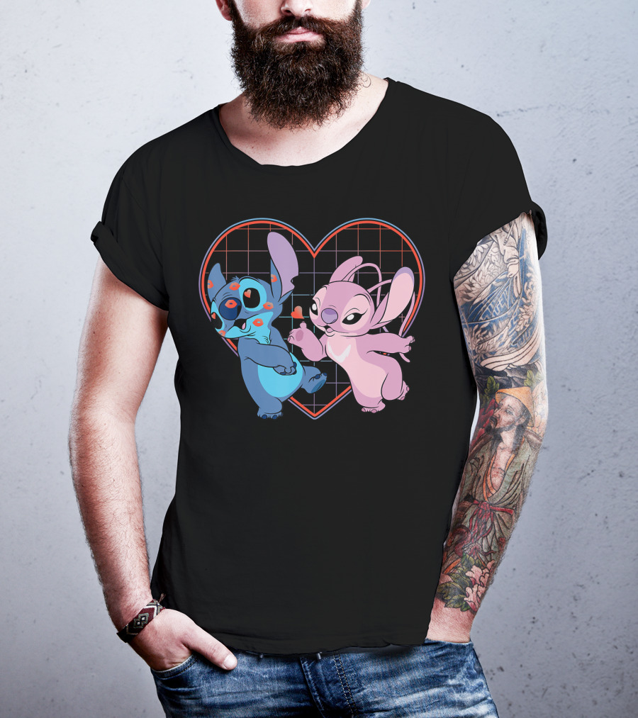 Disney Lilo And Stitch Angel Heart Grid Love T-Shirt