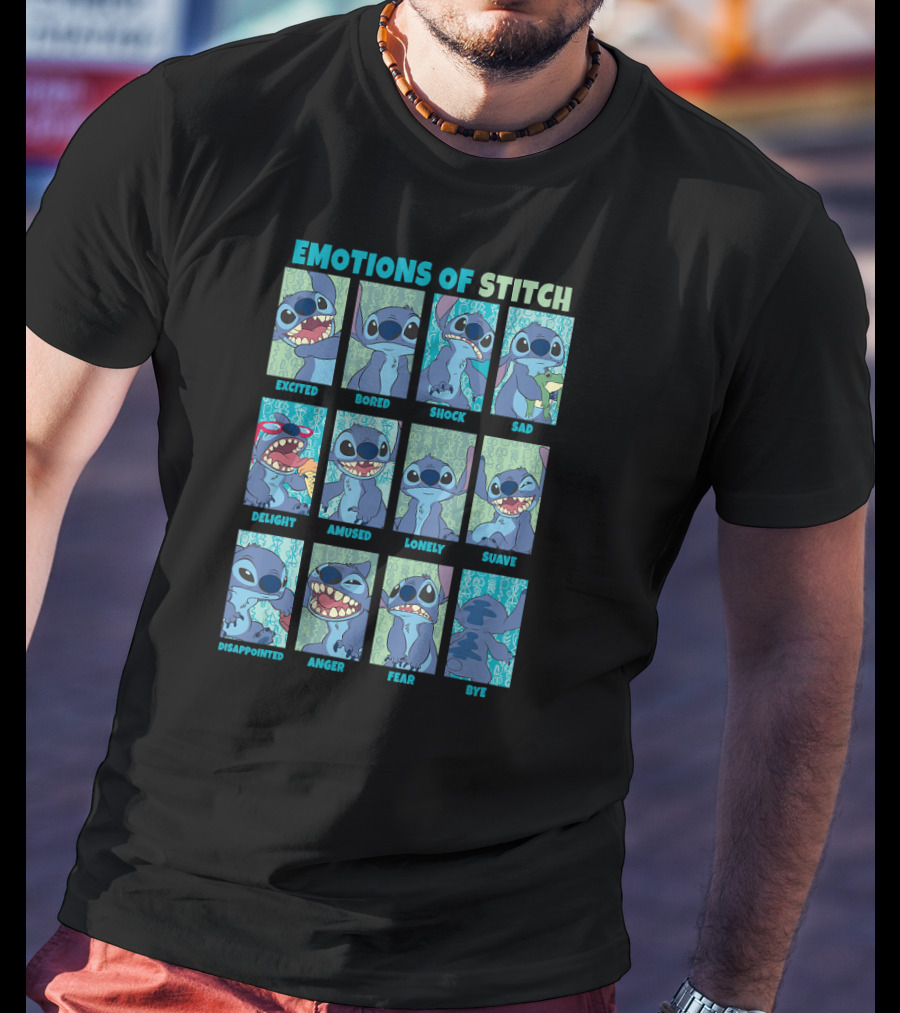 Disney Lilo And Stitch Excited Bored Shock Sad Delight Amused Lonely Suave Disappointed Anger Fear Bye Emotions Of Stitch T-Shirt
