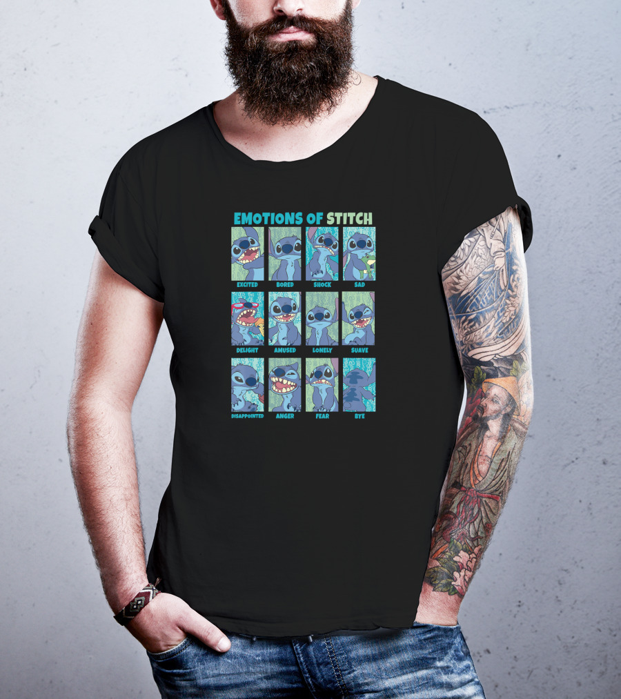 Disney Lilo And Stitch Excited Bored Shock Sad Delight Amused Lonely Suave Disappointed Anger Fear Bye Emotions Of Stitch T-Shirt