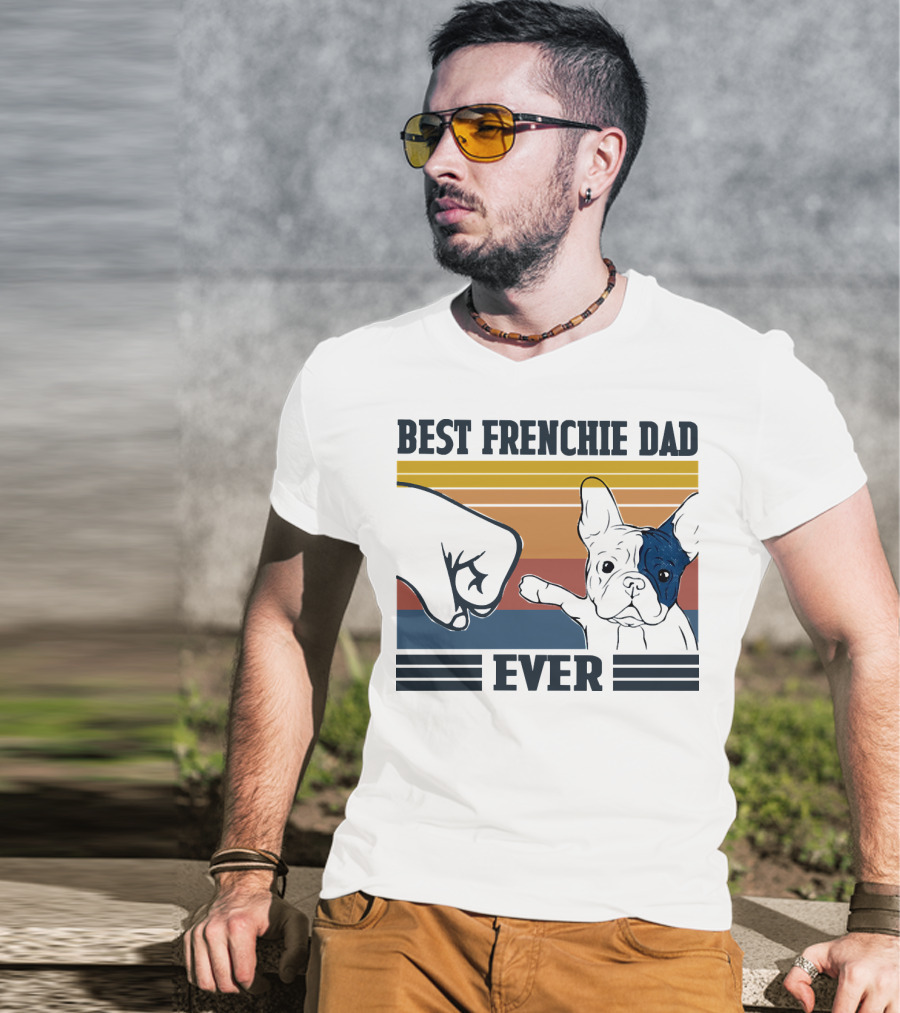 Best Frenchie Dad Ever Fist Bump Retro Stripes Dog Punch Paw Puppy T-Shirt