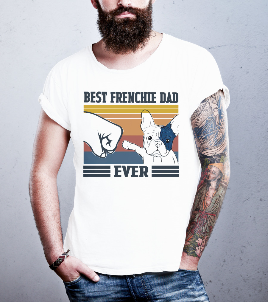 Best Frenchie Dad Ever Fist Bump Retro Stripes Dog Punch Paw Puppy T-Shirt