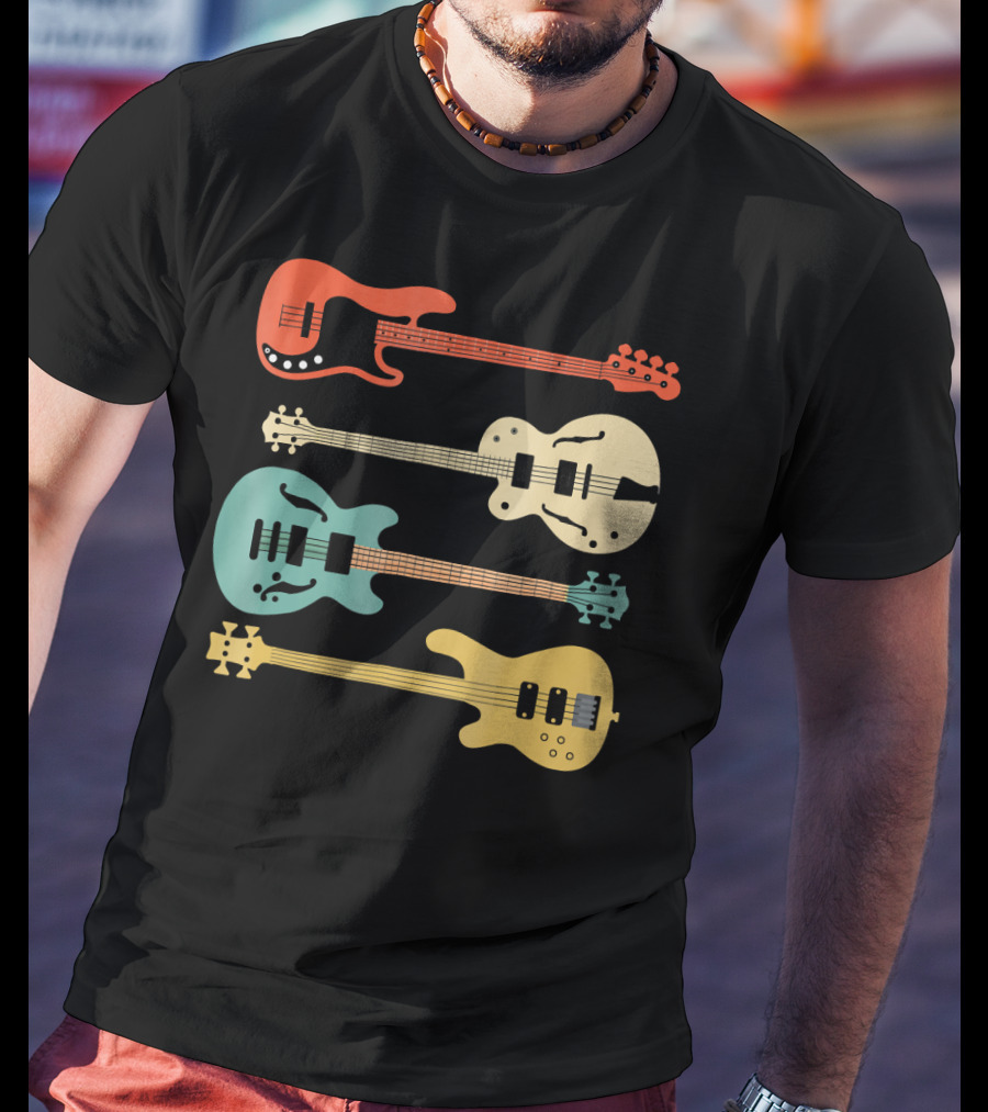 Vintage Retro Bass Guitar Bassist Player Colorful Guitar Collection T-Shirt