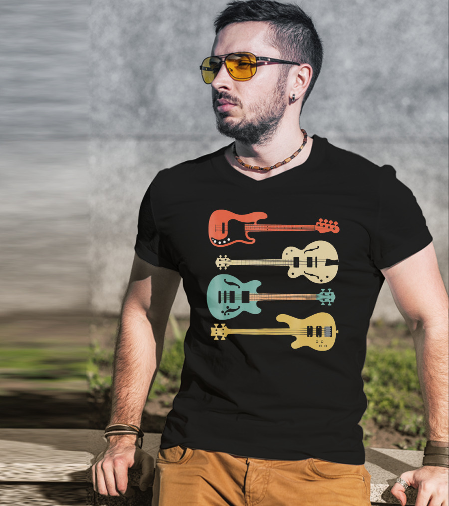 Vintage Retro Bass Guitar Bassist Player Colorful Guitar Collection T-Shirt