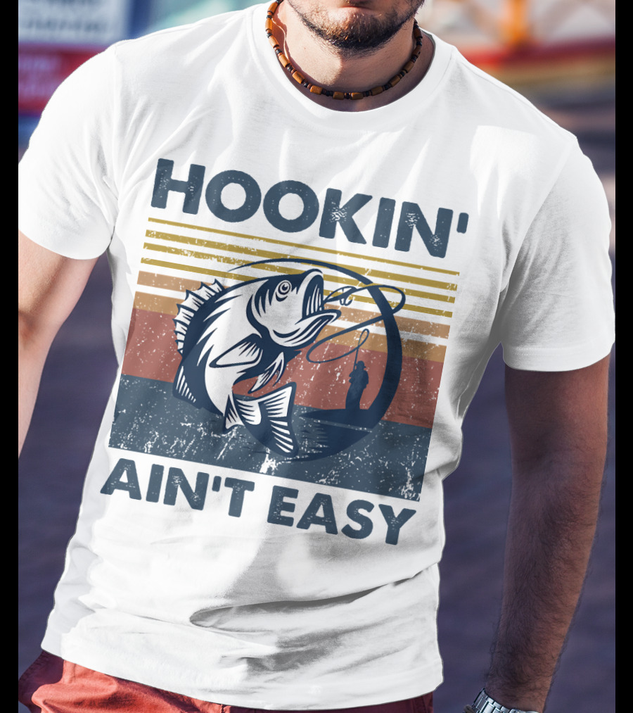 Hookin' Ain't Easy Vintage Fishing Graphic With Striped Sunset And Angler T-Shirt