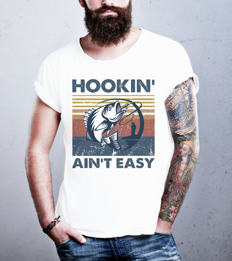 Hookin' Ain't Easy Vintage Fishing Graphic With Striped Sunset And Angler T-Shirt