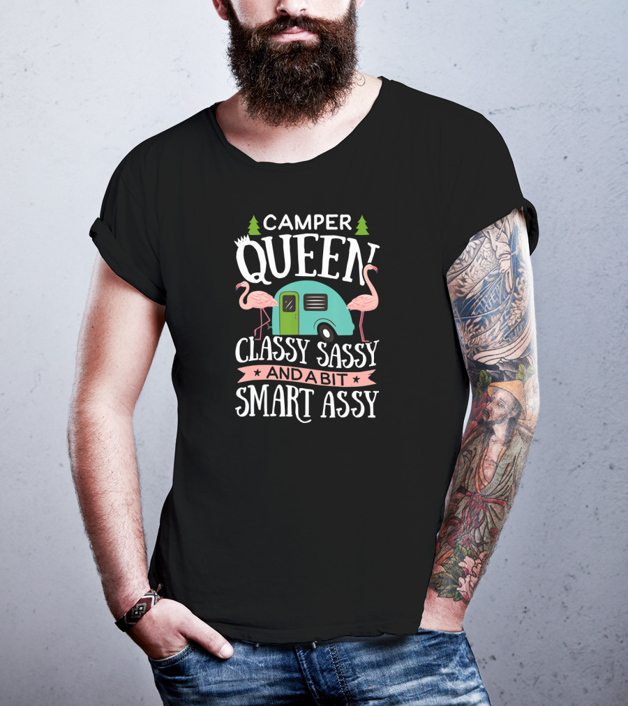 CAMPER QUEEN CLASSY SASSY SMART ASSY Flamingos Trees Retro Trailer T-Shirt