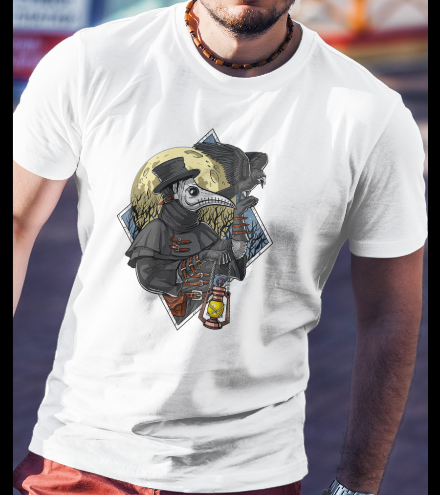 Plague Doctor Steampunk Raven Medieval Lantern Moonlit Forest T-Shirt