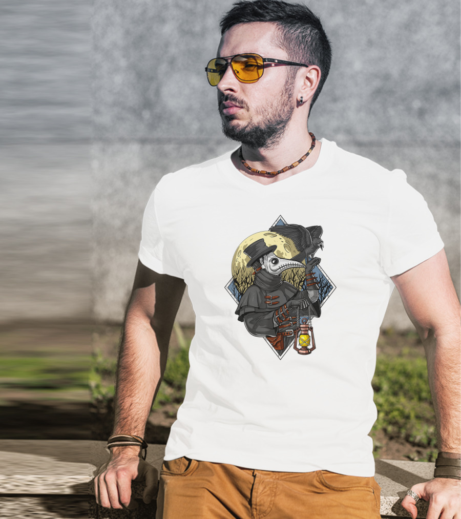 Plague Doctor Steampunk Raven Medieval Lantern Moonlit Forest T-Shirt