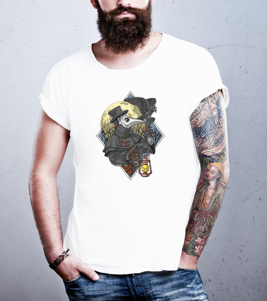 Plague Doctor Steampunk Raven Medieval Lantern Moonlit Forest T-Shirt