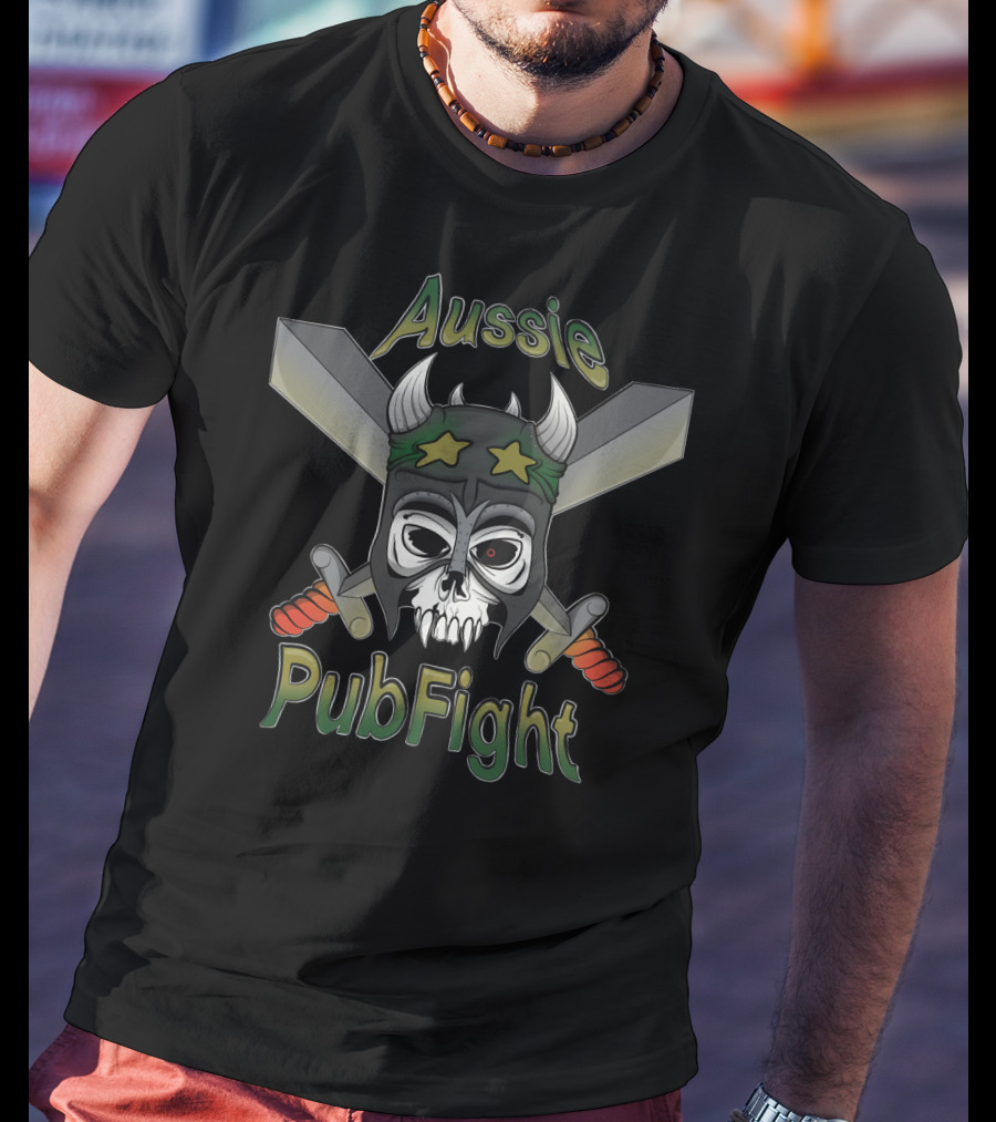 Aussie PubFight Skull Crossbones Viking Helmet Swords T-Shirt