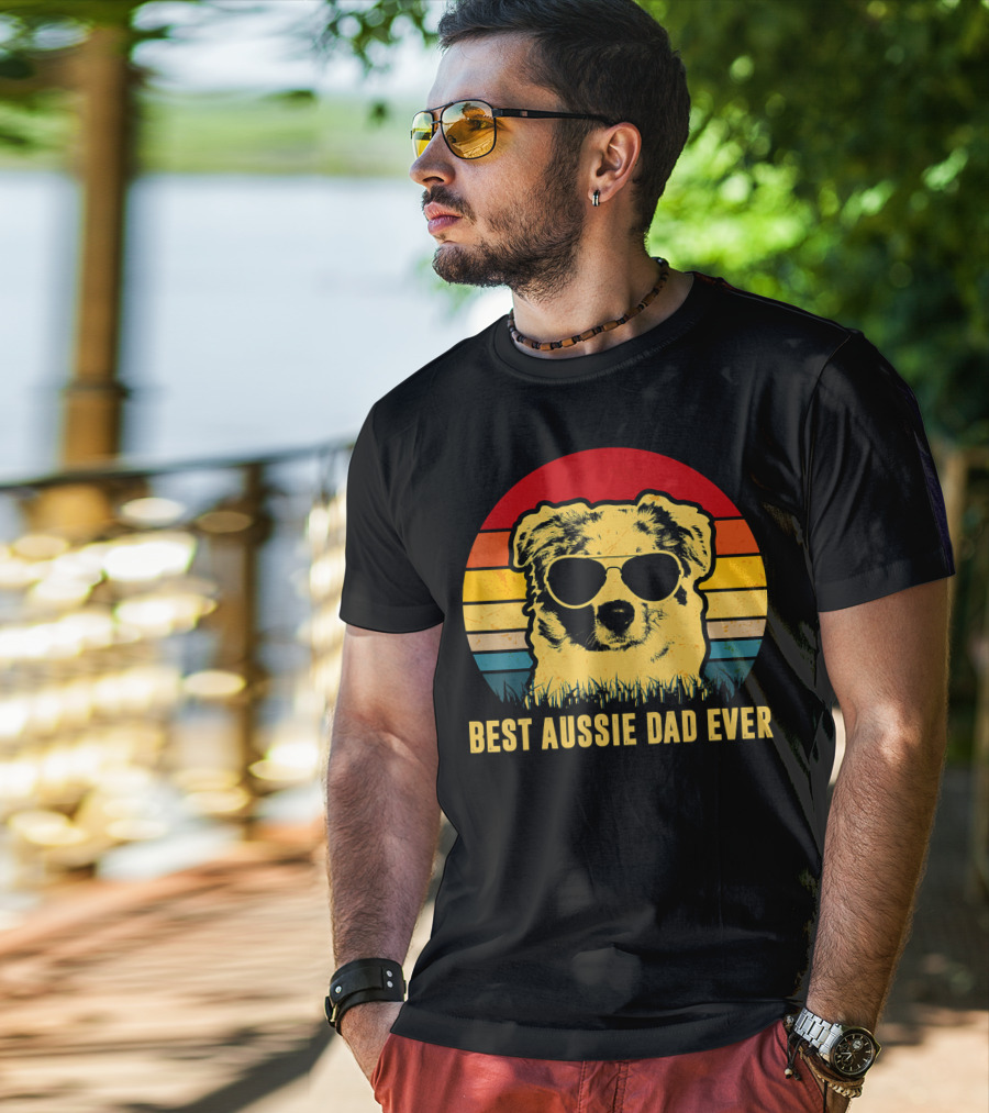 Best Aussie Dad Ever Vintage Dog Sunglasses Retro Stripes T-Shirt