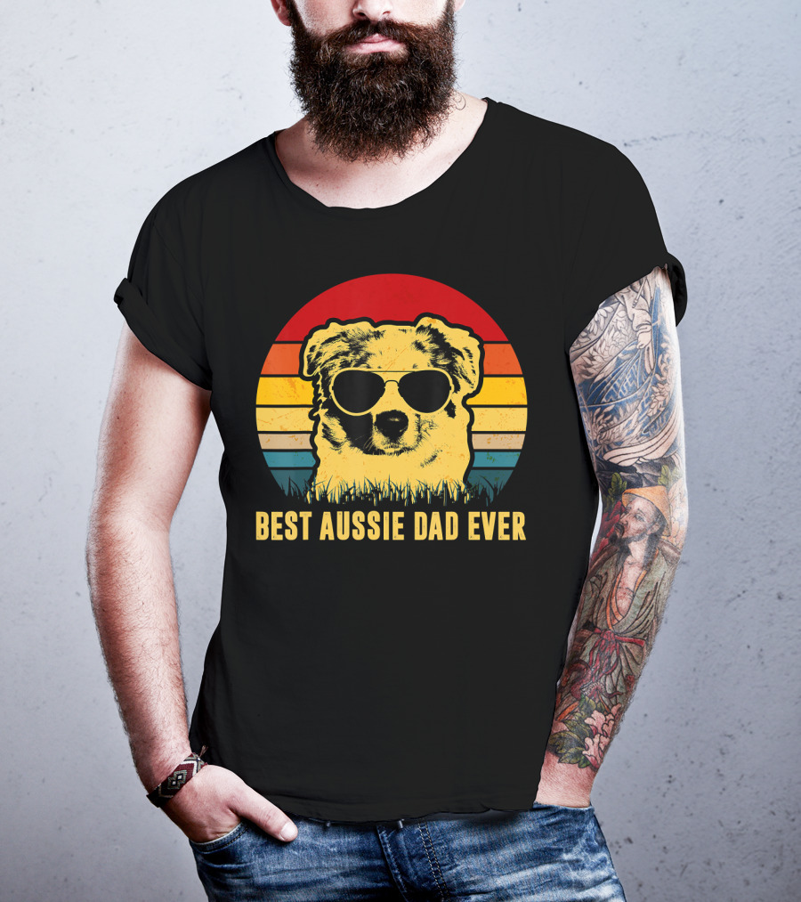 Best Aussie Dad Ever Vintage Dog Sunglasses Retro Stripes T-Shirt