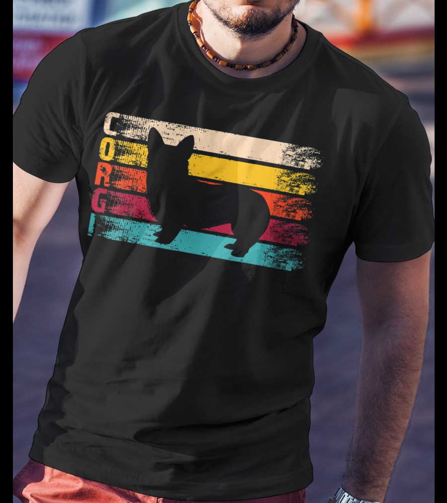 Distressed Vintage Corgi Silhouette Retro Stripes T-Shirt