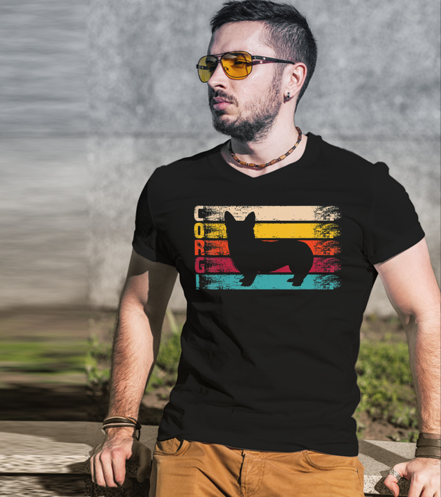 Distressed Vintage Corgi Silhouette Retro Stripes T-Shirt