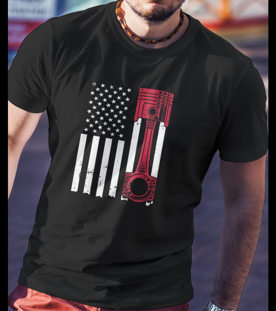 American Flag Piston Car Enthusiast Muscle T-Shirt