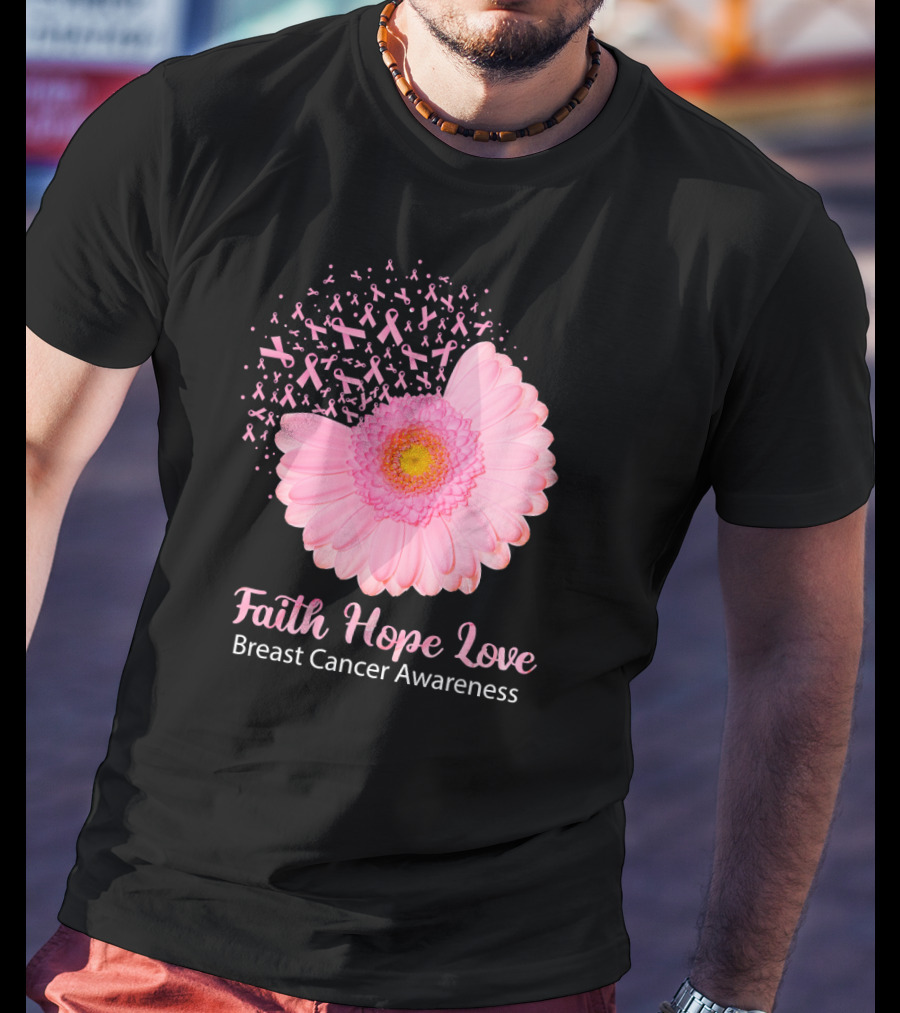 Faith Hope Love Pink Ribbon Florals Breast Cancer Awareness T-Shirt