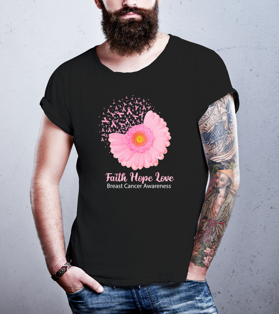 Faith Hope Love Pink Ribbon Florals Breast Cancer Awareness T-Shirt