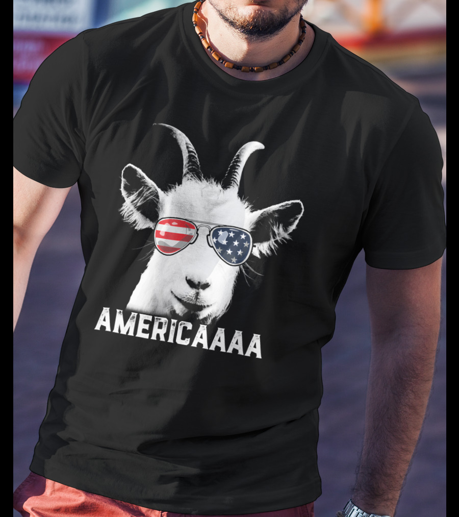 AMERICAAAA Patriotic Goat USA Flag Sunglasses Independence Day T-Shirt