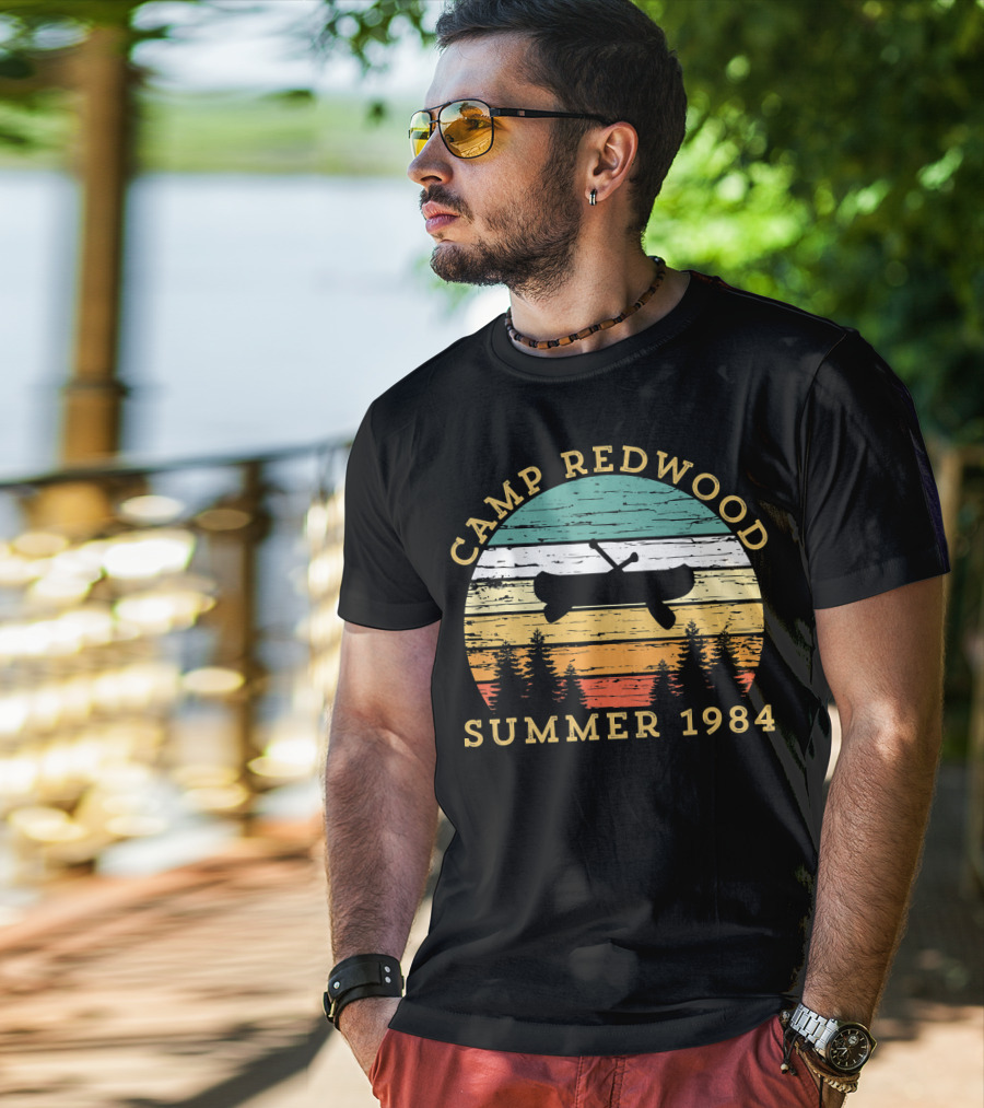 Camp Redwood Summer 1984 Retro Vintage Canoe And Trees T-Shirt