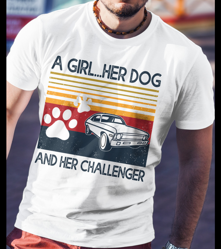 A Girl Her Dog And Her Challenger Vintage Car With Paw Prints T-Shirt
