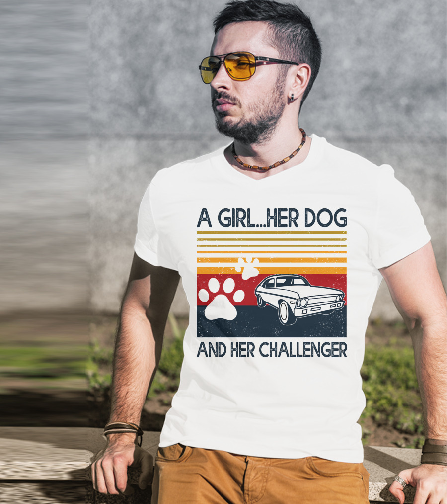 A Girl Her Dog And Her Challenger Vintage Car With Paw Prints T-Shirt