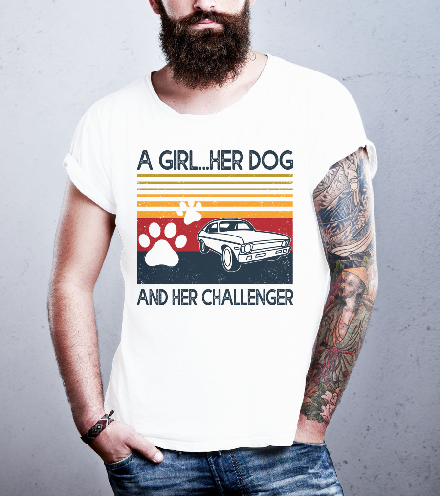 A Girl Her Dog And Her Challenger Vintage Car With Paw Prints T-Shirt