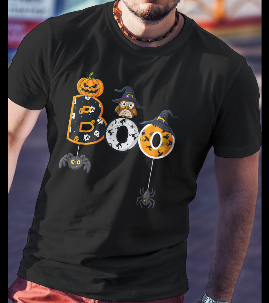 Halloween Boo Pumpkin Owl Witch Hat Spiders T-Shirt