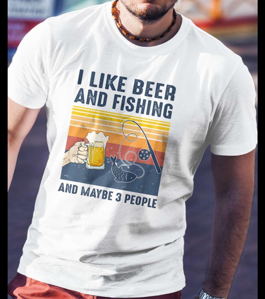 I Like Beer And Fishing And Maybe 3 People Vintage Sunset Beer Mug Fishing Rod T-Shirt