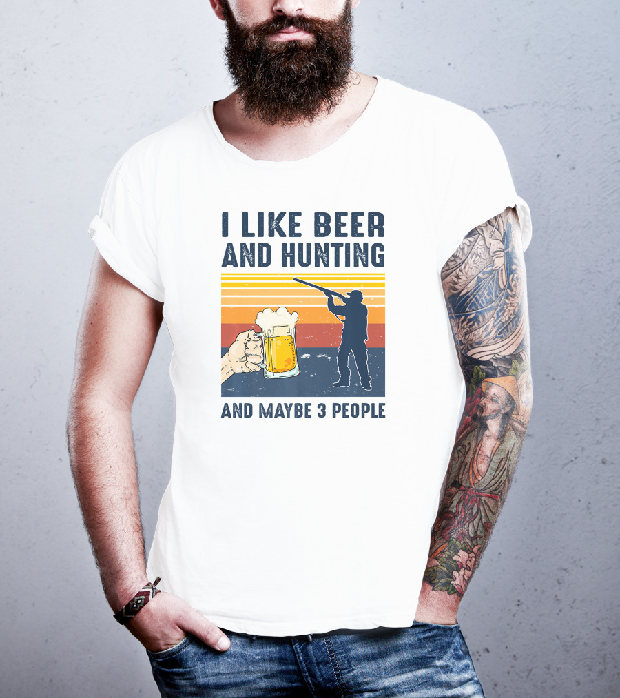 I Like Beer And Hunting Maybe 3 People Sunrise Silhouette Retro T-Shirt