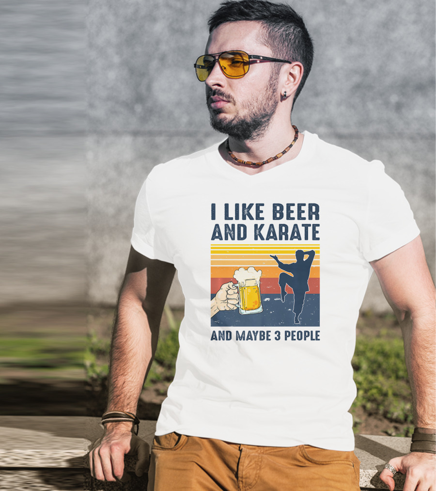 I Like Beer And Karate And Maybe 3 People Vintage Sunset T-Shirt