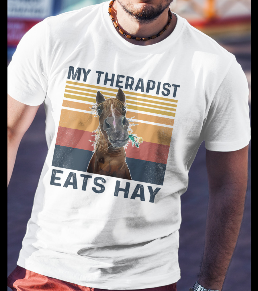 My Therapist Eats Hay Funny Horse Lover Retro Stripes T-Shirt
