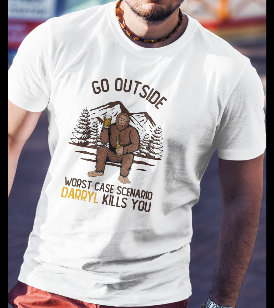 Go Outside Worst Case Scenario Darryl Kills You Bigfoot Holding Beer In Forest Mountain Scene T-Shirt